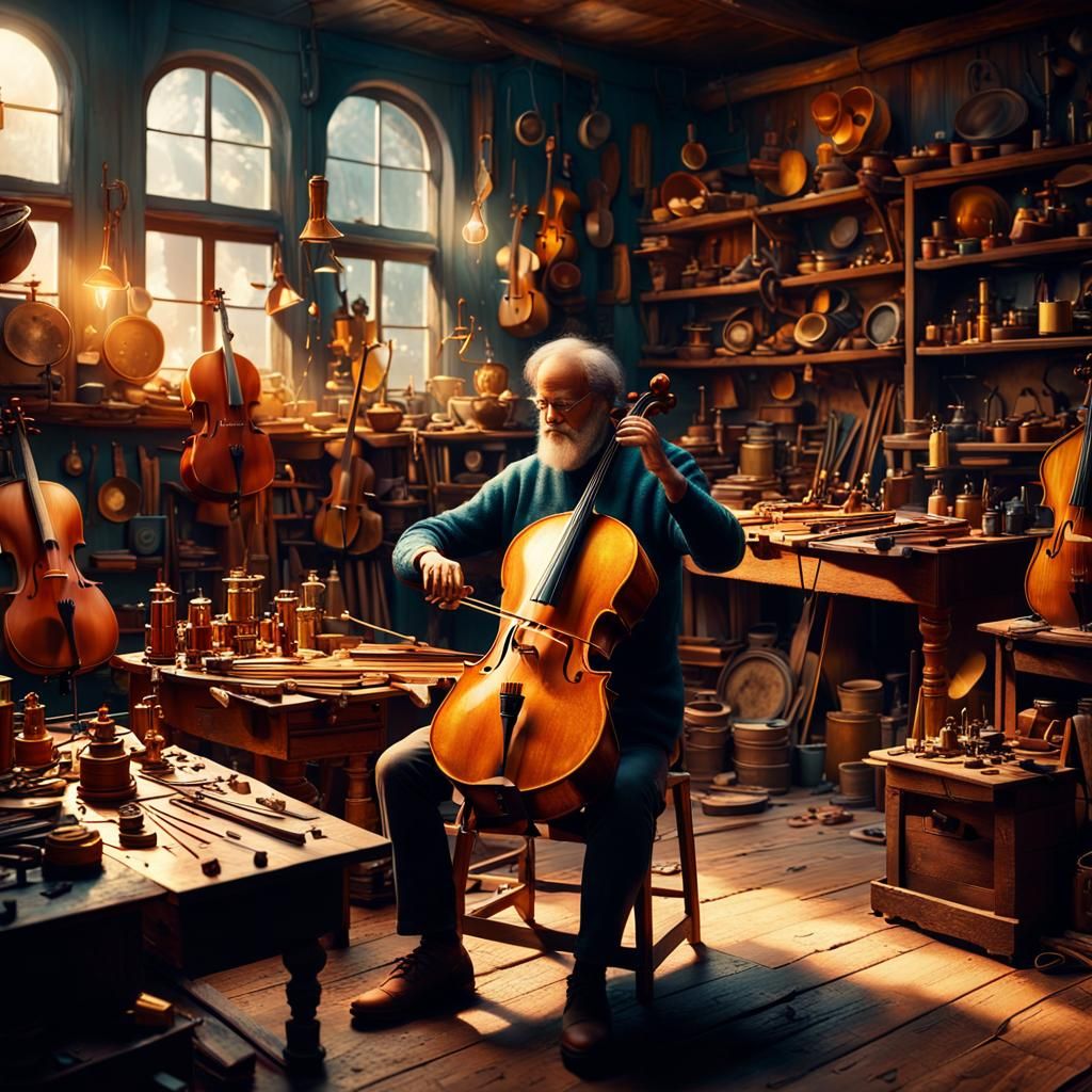 Cello Maker in Workshop: Cinematic Oil Painting