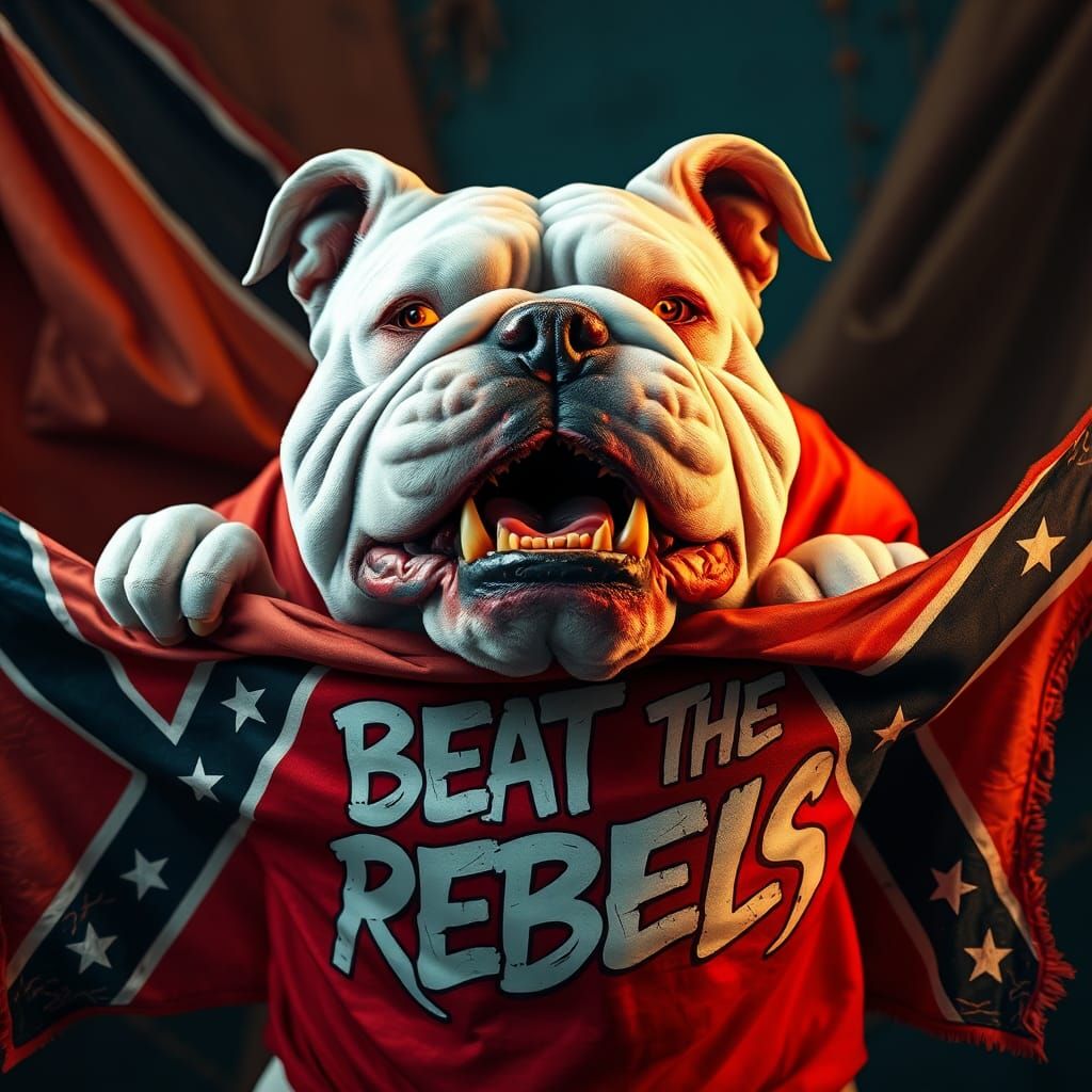 Bulldog Bites Rebel Banner in Hyper-Detailed Digital Art
