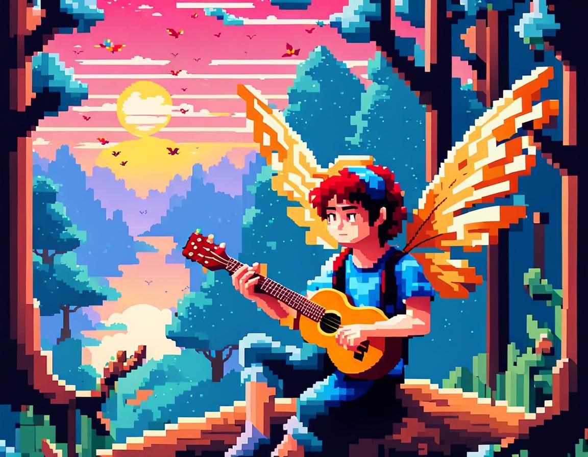 Pixelated Fairy Playing Ukulele in Magical Forest