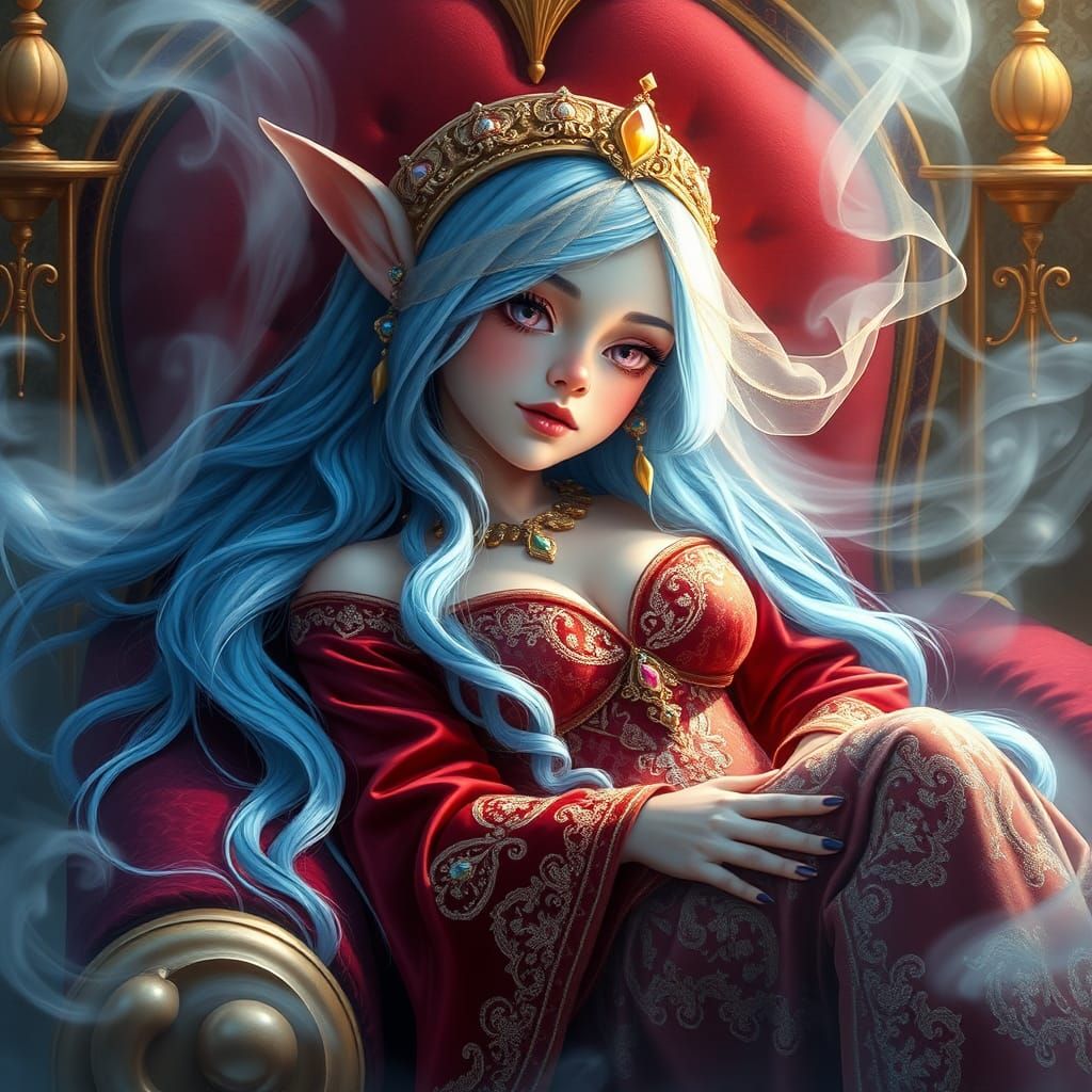 Mystical Gnome Odalisque on Throne in Fantasy Art