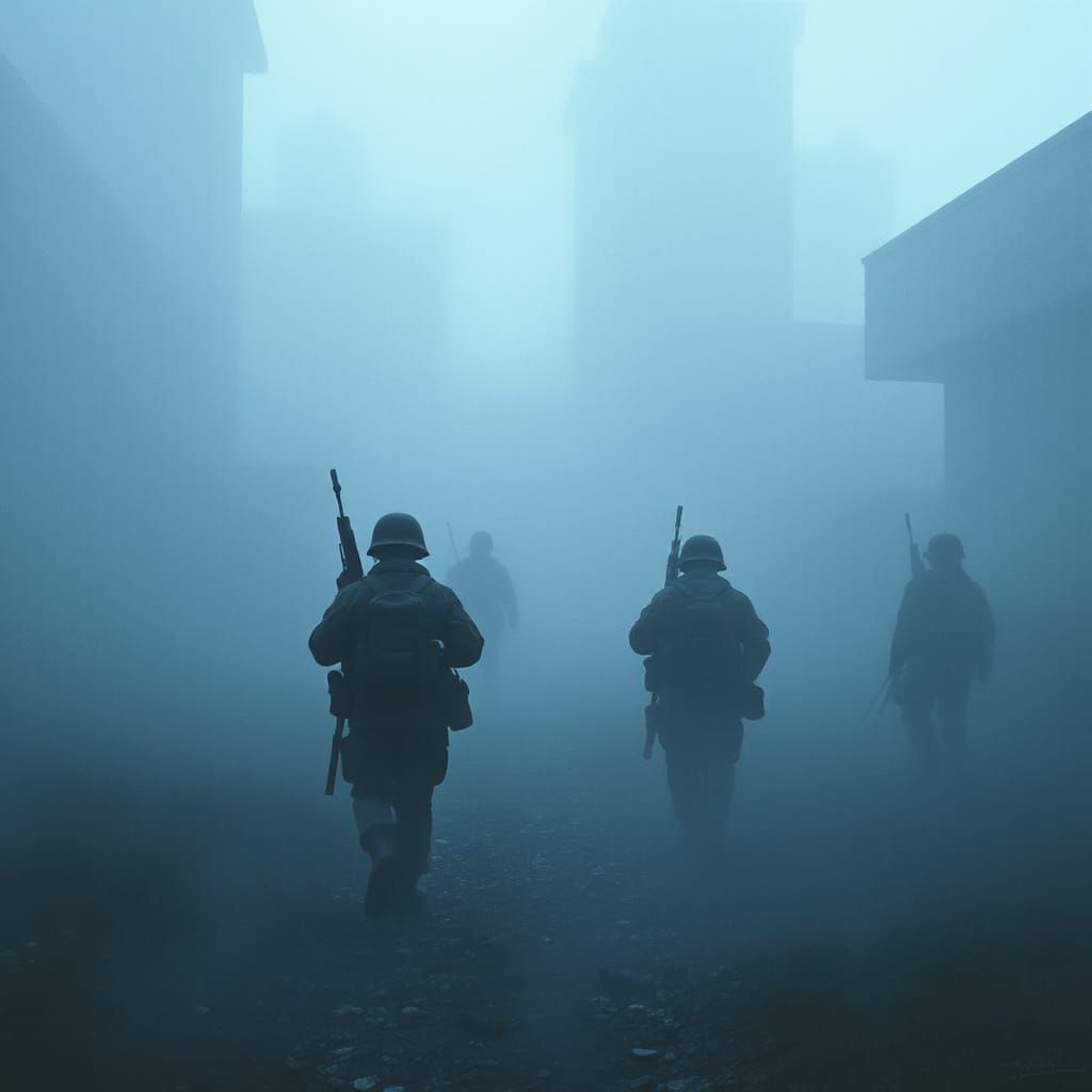 Soldiers Emerge from Fog at Dawn in Atmospheric Painting