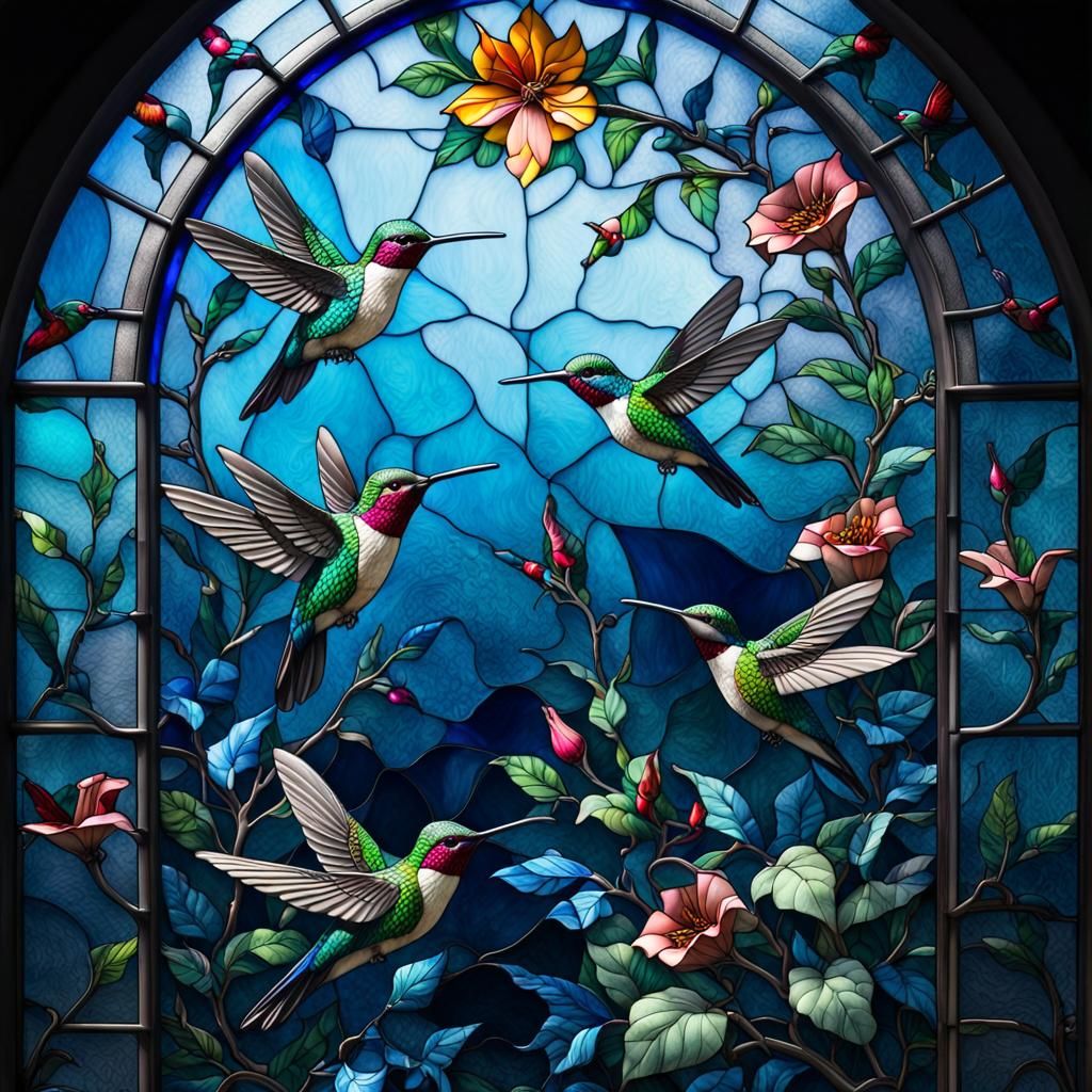 Stained Glass Window with Hummingbirds in HDR