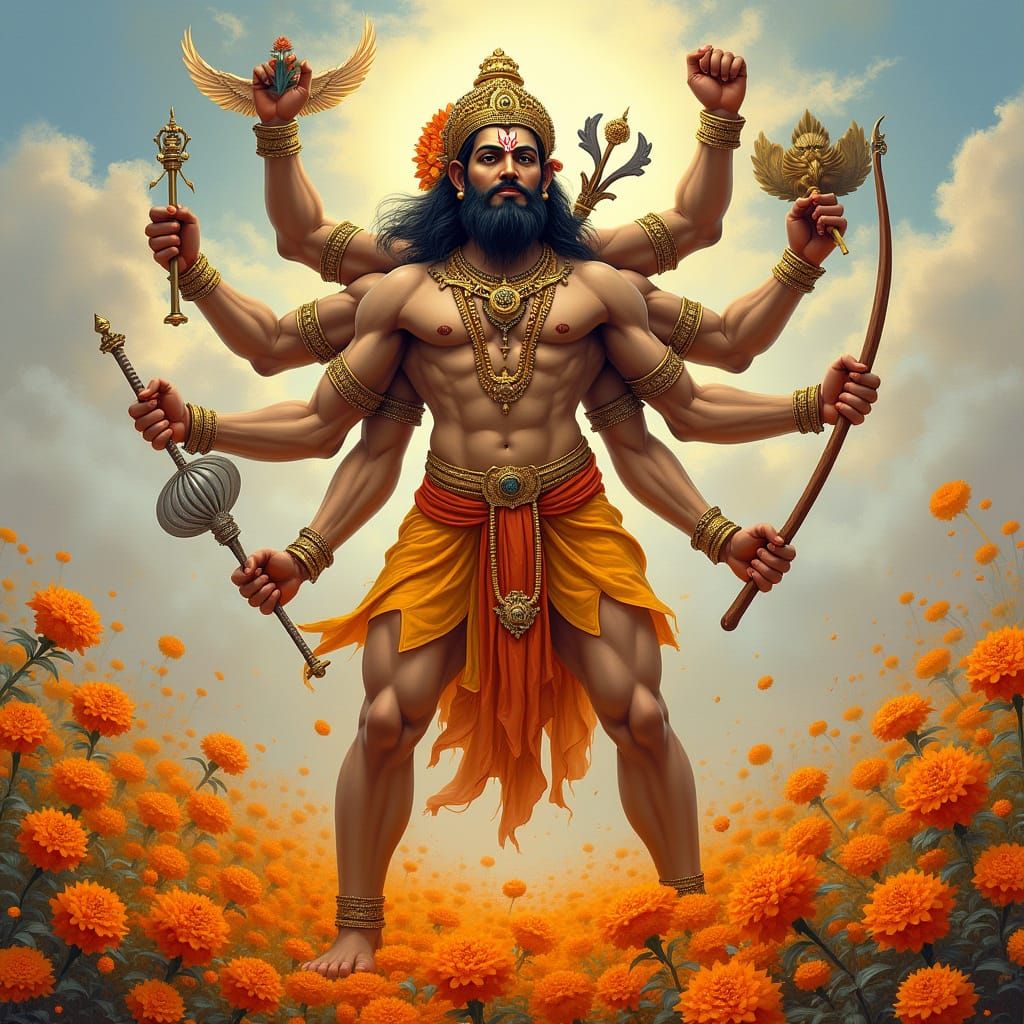 Majestic Panchmukhi Hanuman Amidst Vibrant Marigold Flowers ...