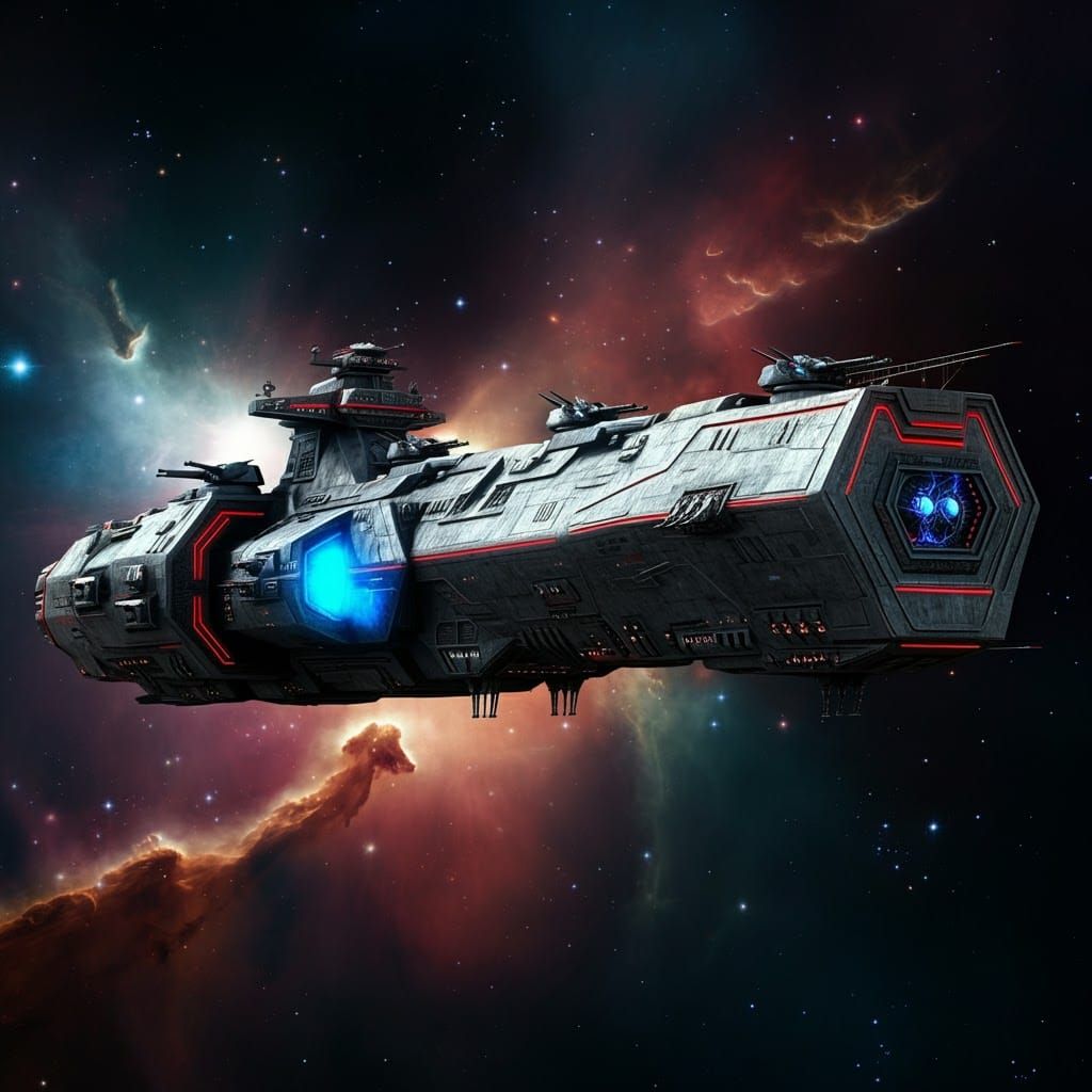 Futuristic Warship Amidst Ethereal Nebula