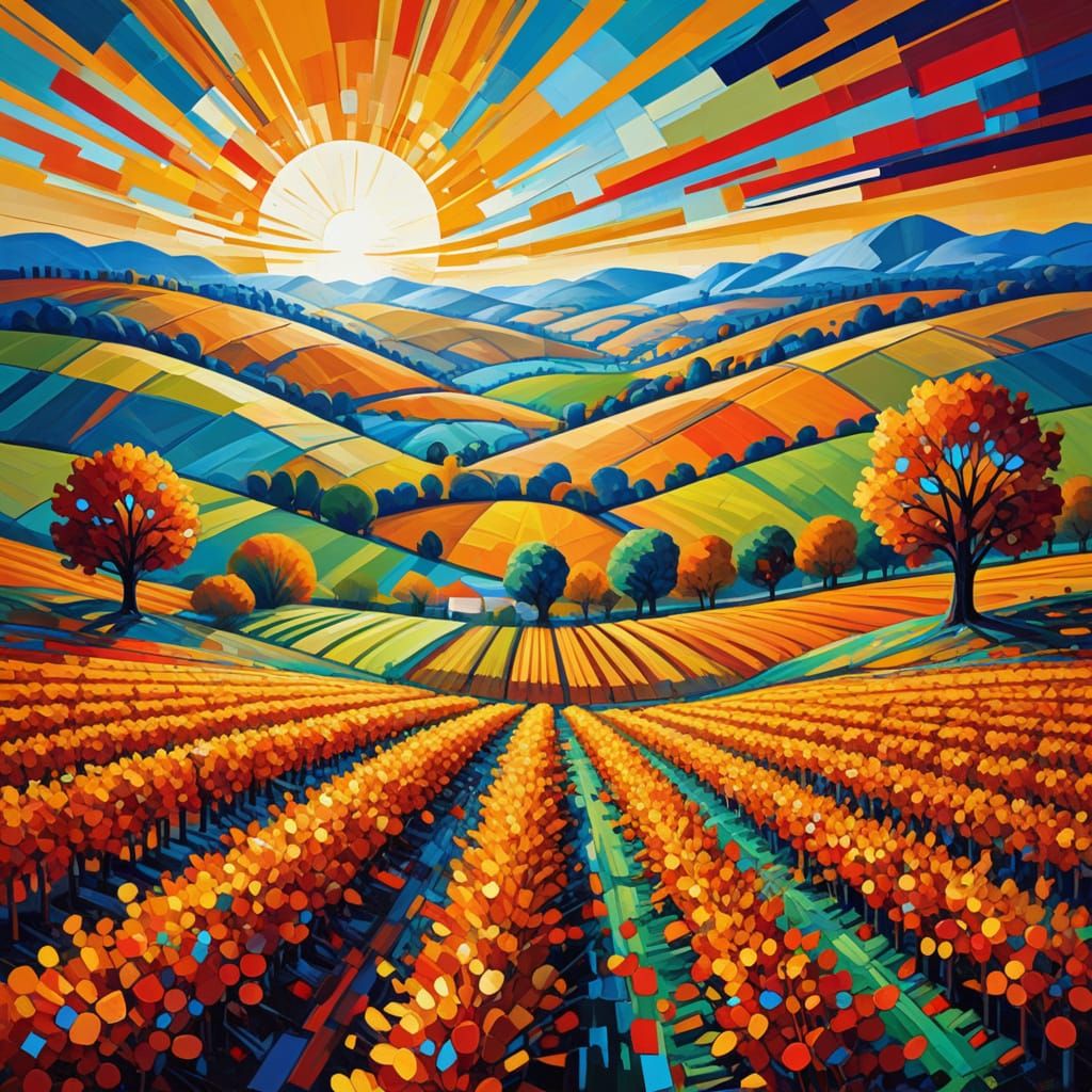 Geometric Autumn Landscape with Starburst Sun
