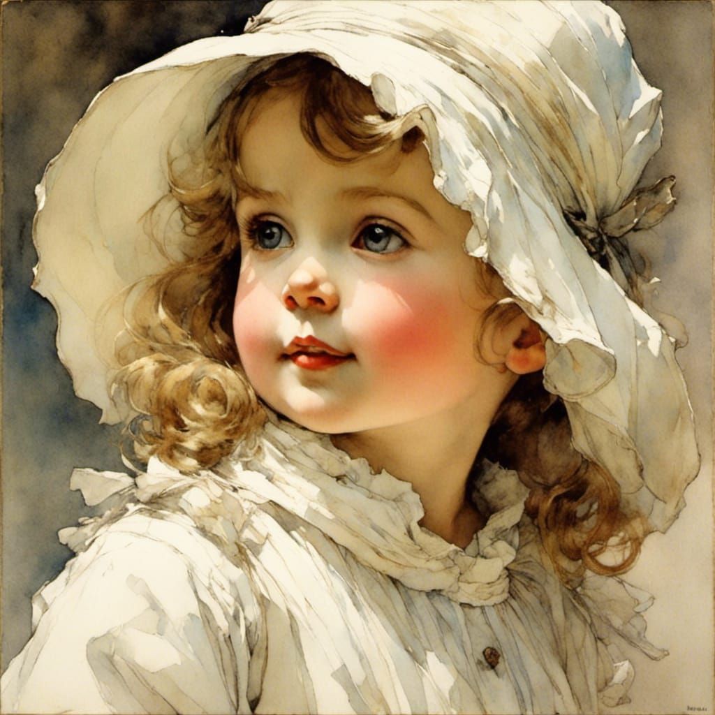 Smiling Toddler Portrait in Vintage Illustration Style