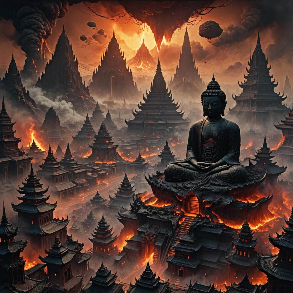 Fiery Hellscape Cityscape with Buddhist Temples