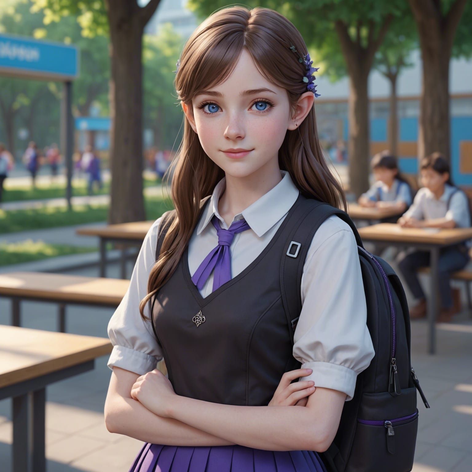 Anime Elf Girl in School, Detailed 3D Art