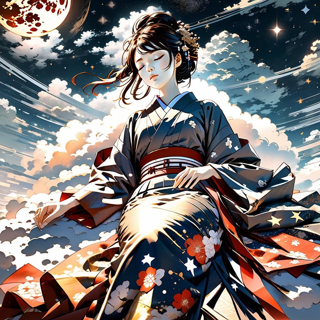 Kimono Girl Sleeping on Cloud in Manga Style