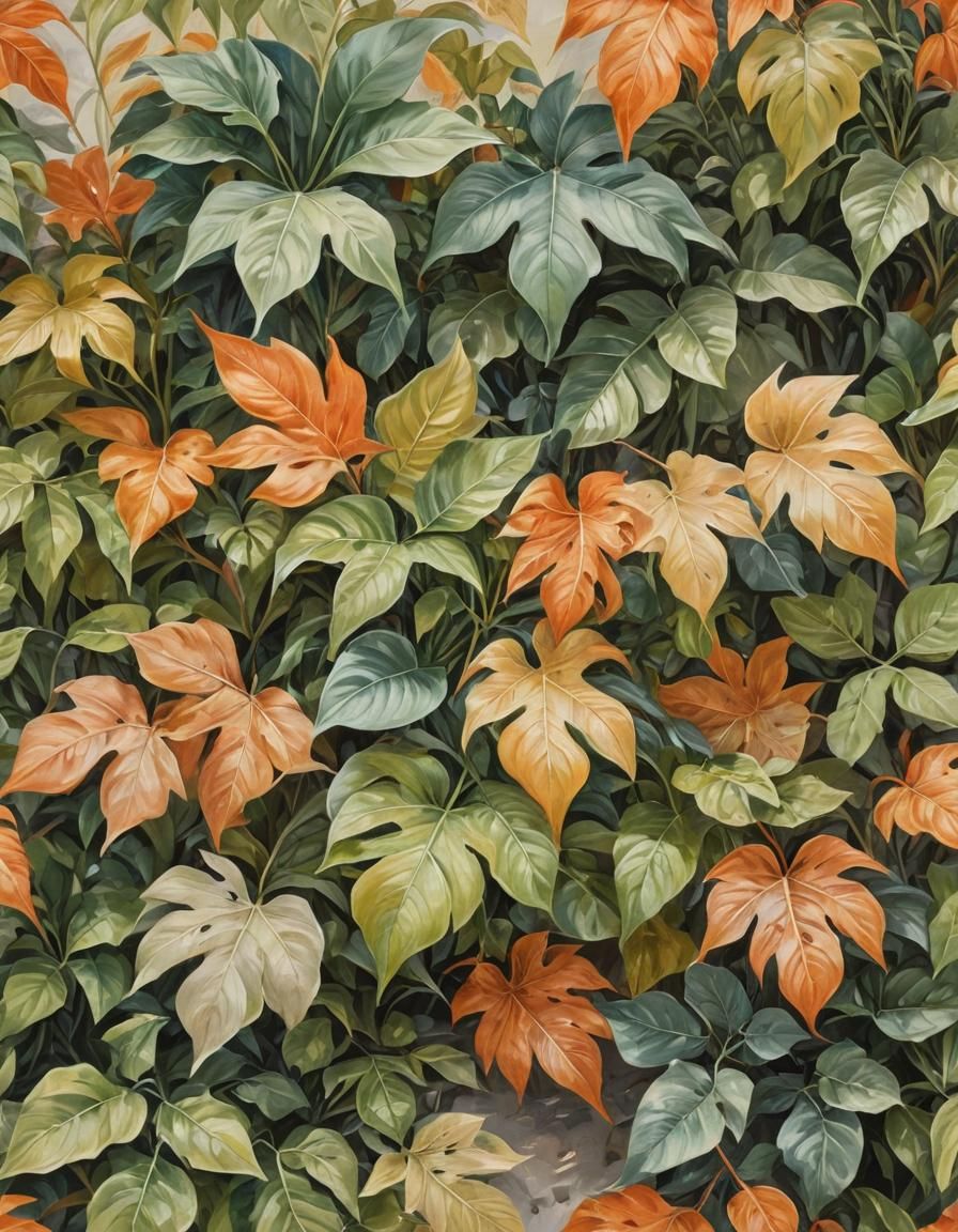 A Vibrant Impressionist Oil Painting of Exotic Summer Plants...