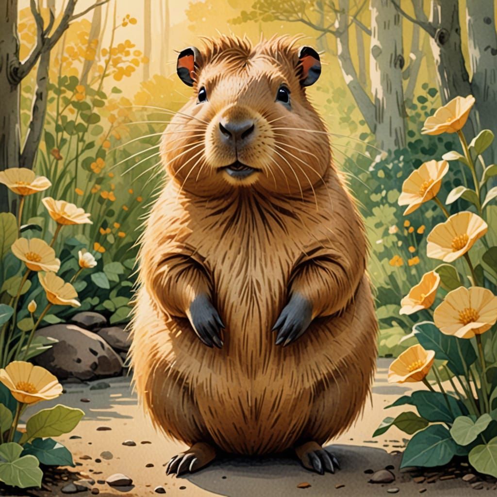Whimsical Watercolor Capybara in Sunny Garden