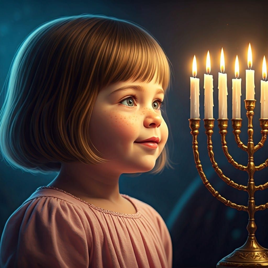Girl Admires Golden Menorah with Soft Pink Dress