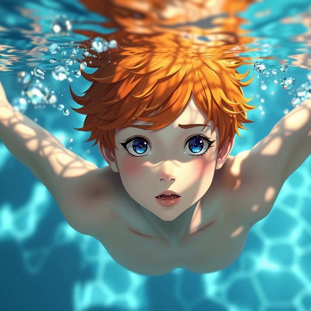 Vibrant Anime Boy Dives into a Breathtaking 8K Aquatic Scene...