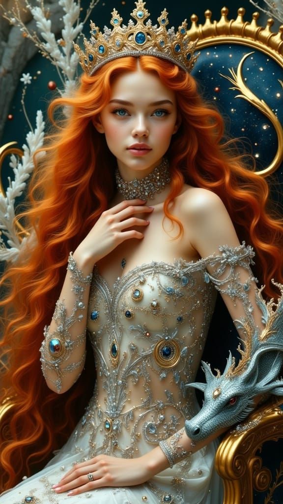 Young Woman with a Majestic Dragon in Ethereal Cosmic Splend...