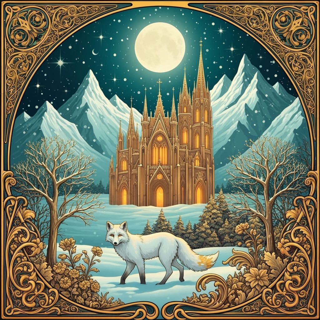 Art Nouveau Winter Fox Amidst Golden Gothic Cathedral