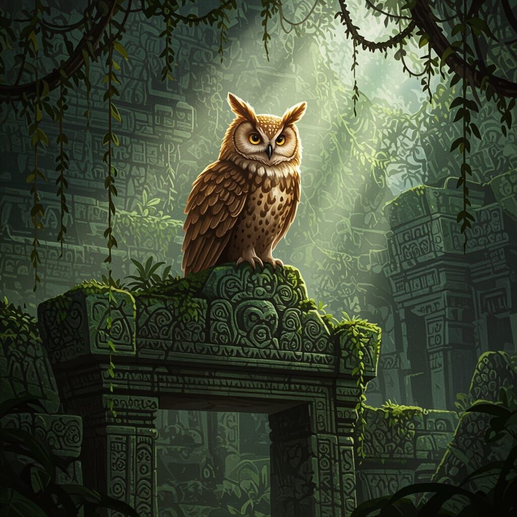 Wise Golden Owl on Ancient Jungle Temple Archway