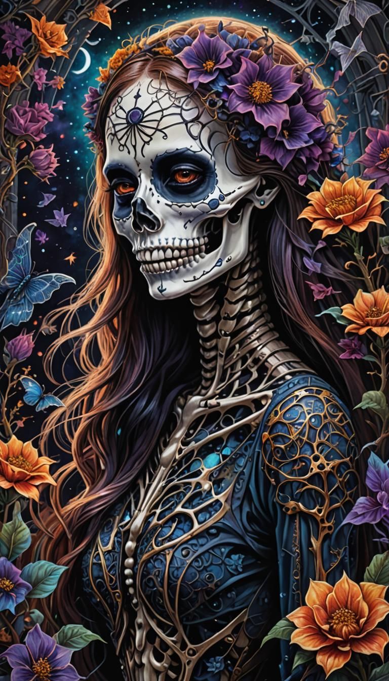 Gothic Skeleton with Dark Flowers, Cosmic Illustration