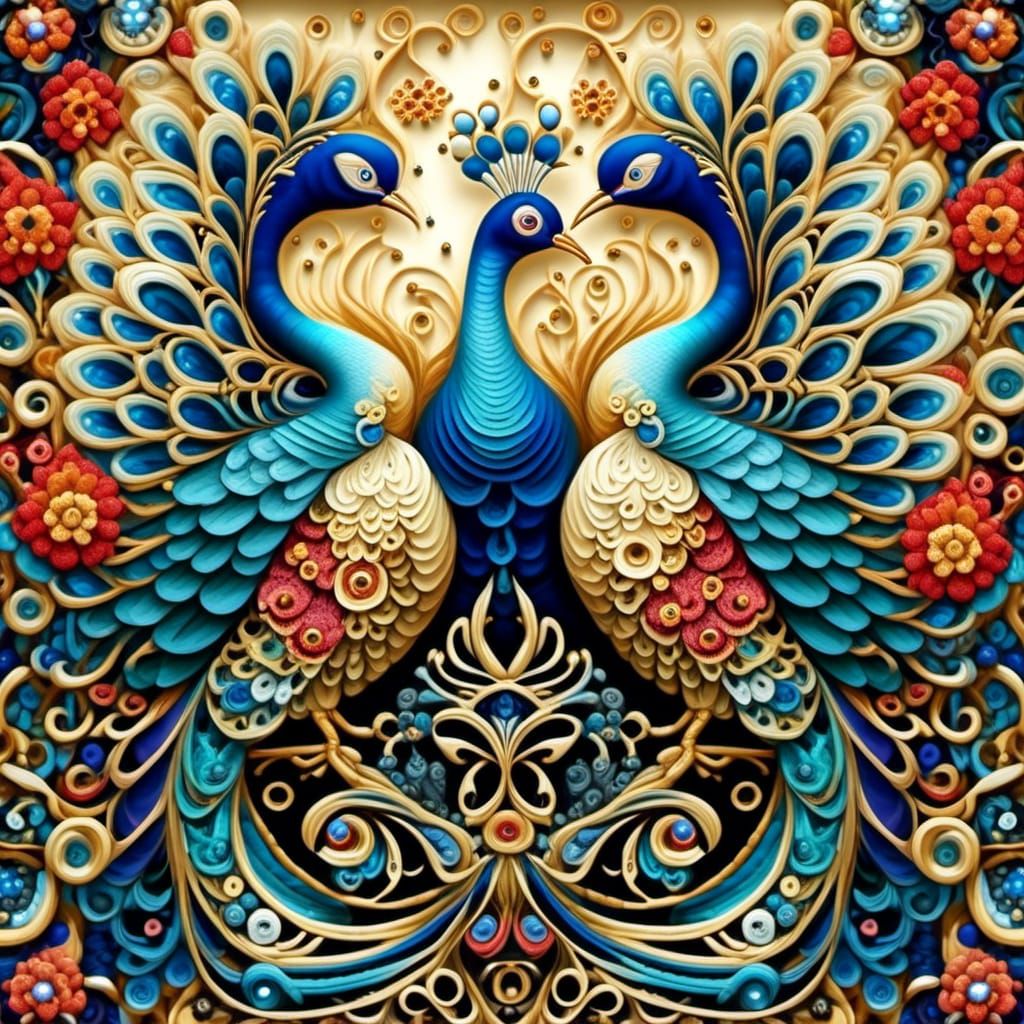 Ornate Needlepoint Peacocks in Crochet Style