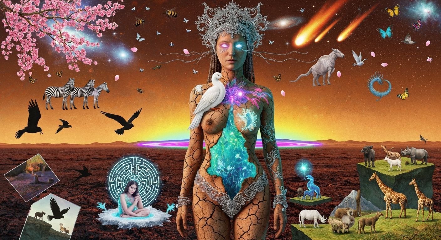 Mystical Shaman with Bioluminescent Core in Cosmic Landscape