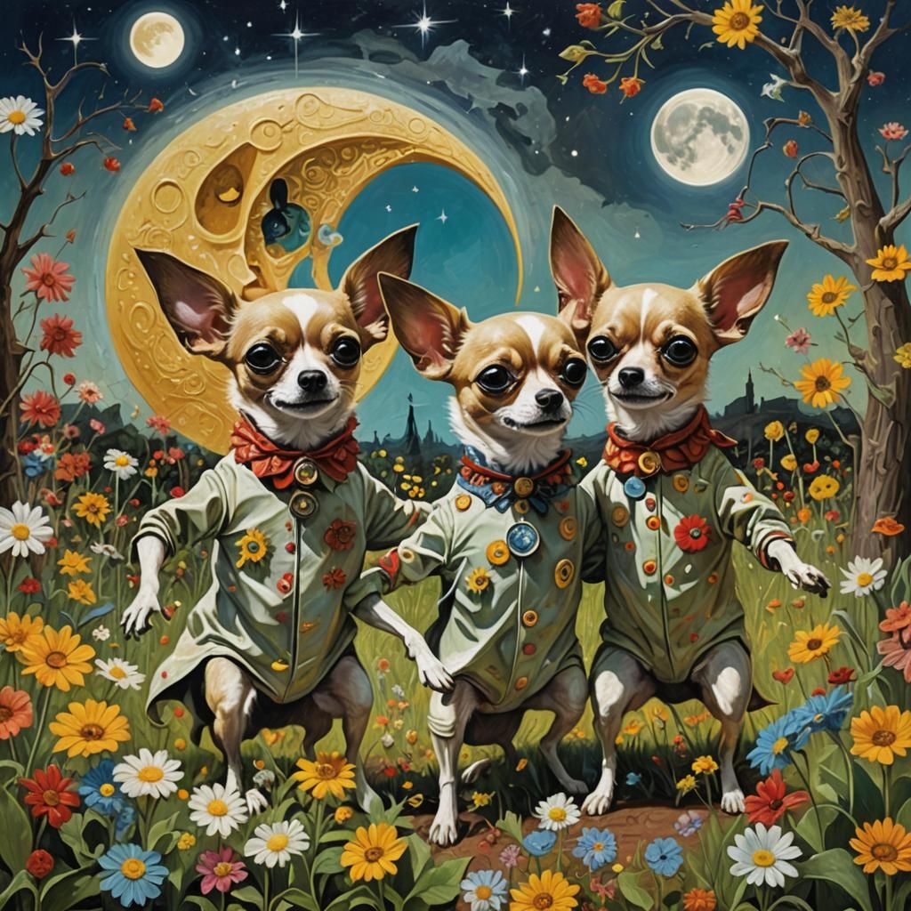 Chihuahuas Celebrate Moon in Surreal Oil Painting