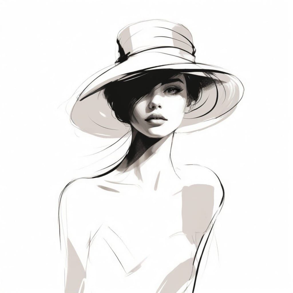 Minimalist Black Line Drawing of Woman in Hat