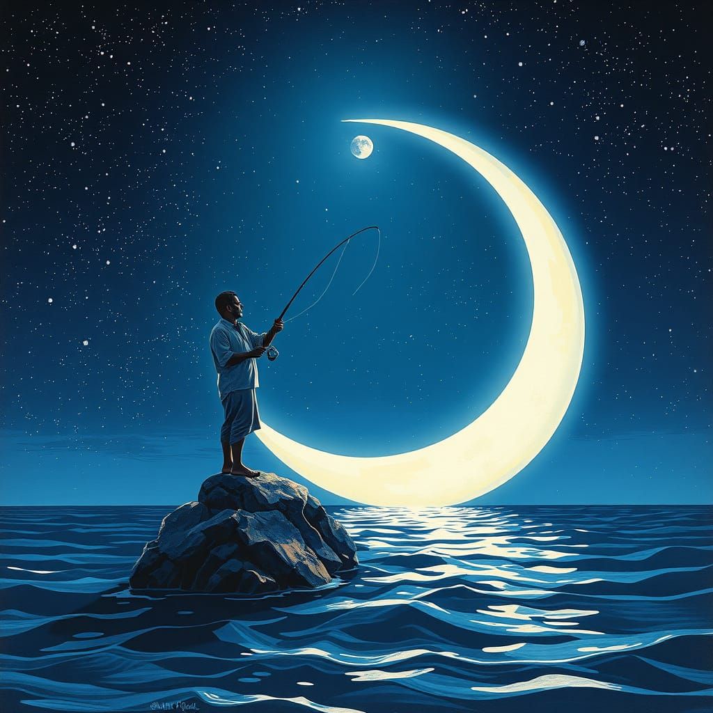 Fisherman on Moon Casting Line into Starry Sea