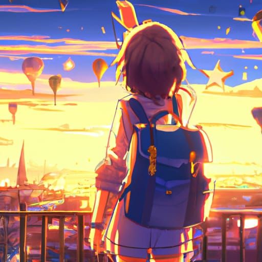 Cute Girl Watching Stars, Ghibli Anime Style