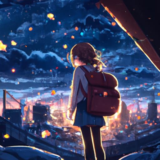 Anime Girl Watching Falling Stars at Night