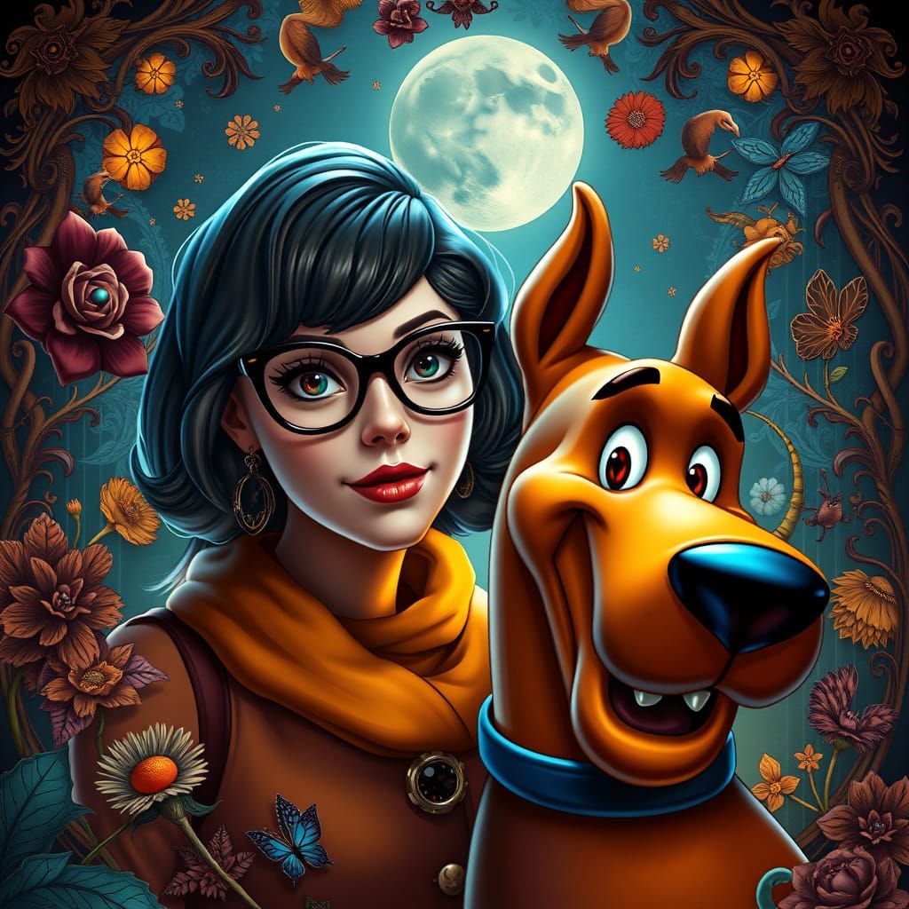 Elegant Fantasy Portrait of Thelma and Scooby-Doo in Cyberpu...