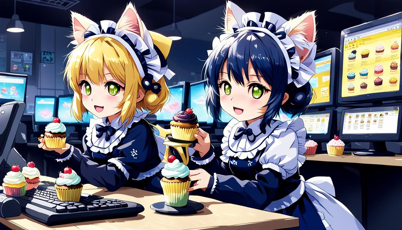 Kittens in maiden outfit serving and selling cupcakes at an internet cafe
