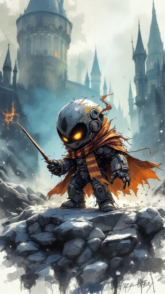 Chibi Mech Suit in Dark Post-Apocalyptic Hogwarts
