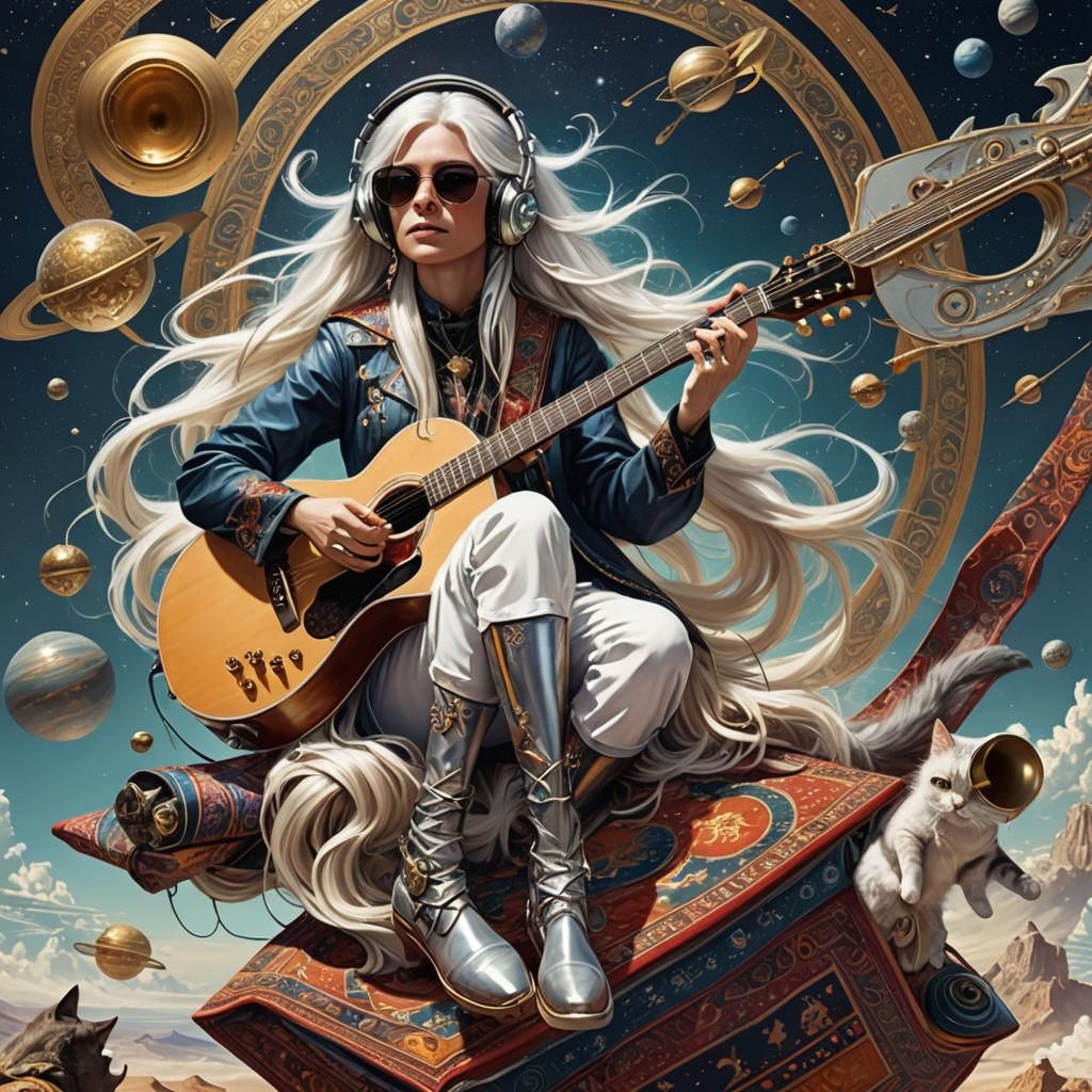 Guitar Girl on Flying Carpet to Saturn