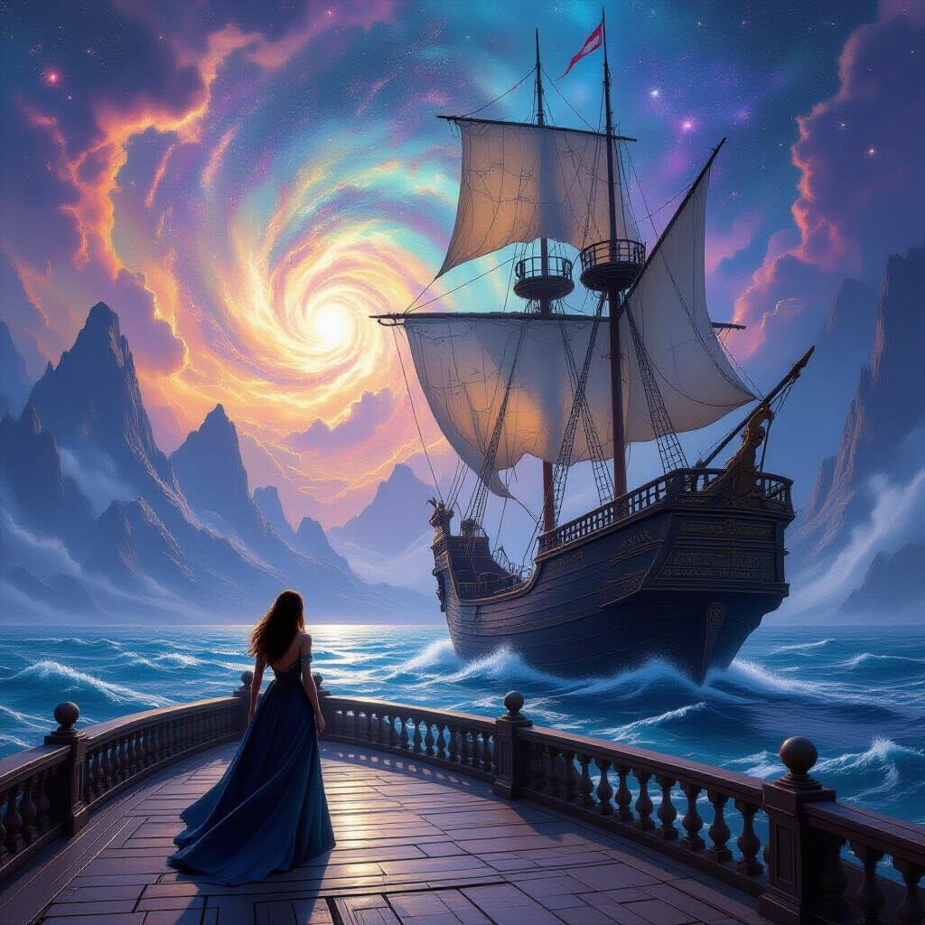 Woman on Cosmic Ship Amidst Nebulae