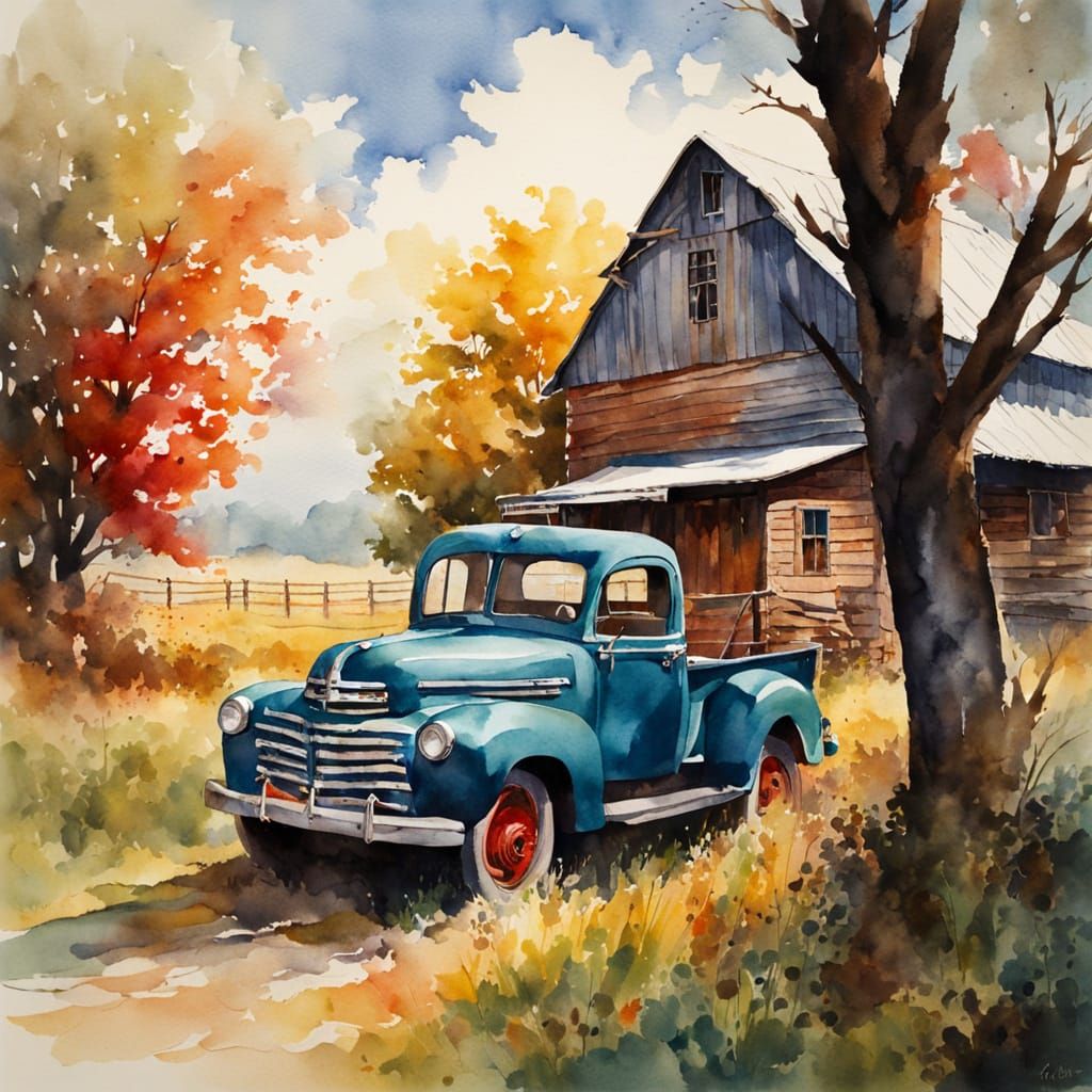 Colorful Watercolor Painting of Rural Landscape