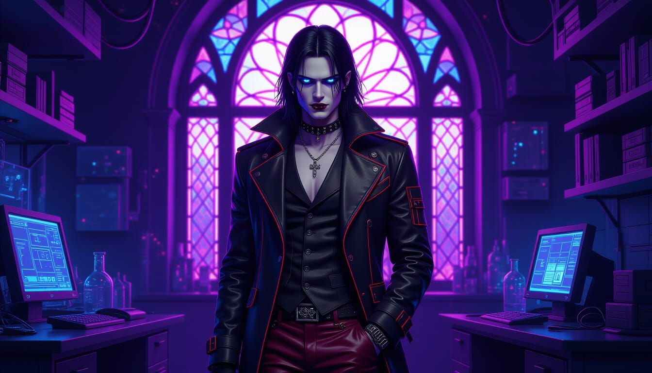 Gothic Man in Stained Glass Cyberpunk Art Style
