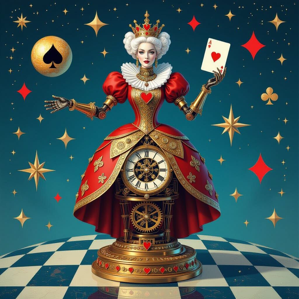 Steampunk Queen of Hearts Automaton in Celestial Sci-Fi