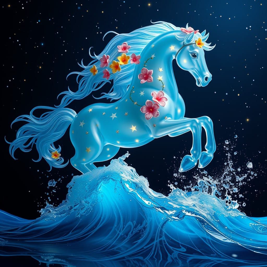 Ethereal Glass Stallion Leaps into Starry Night Sky