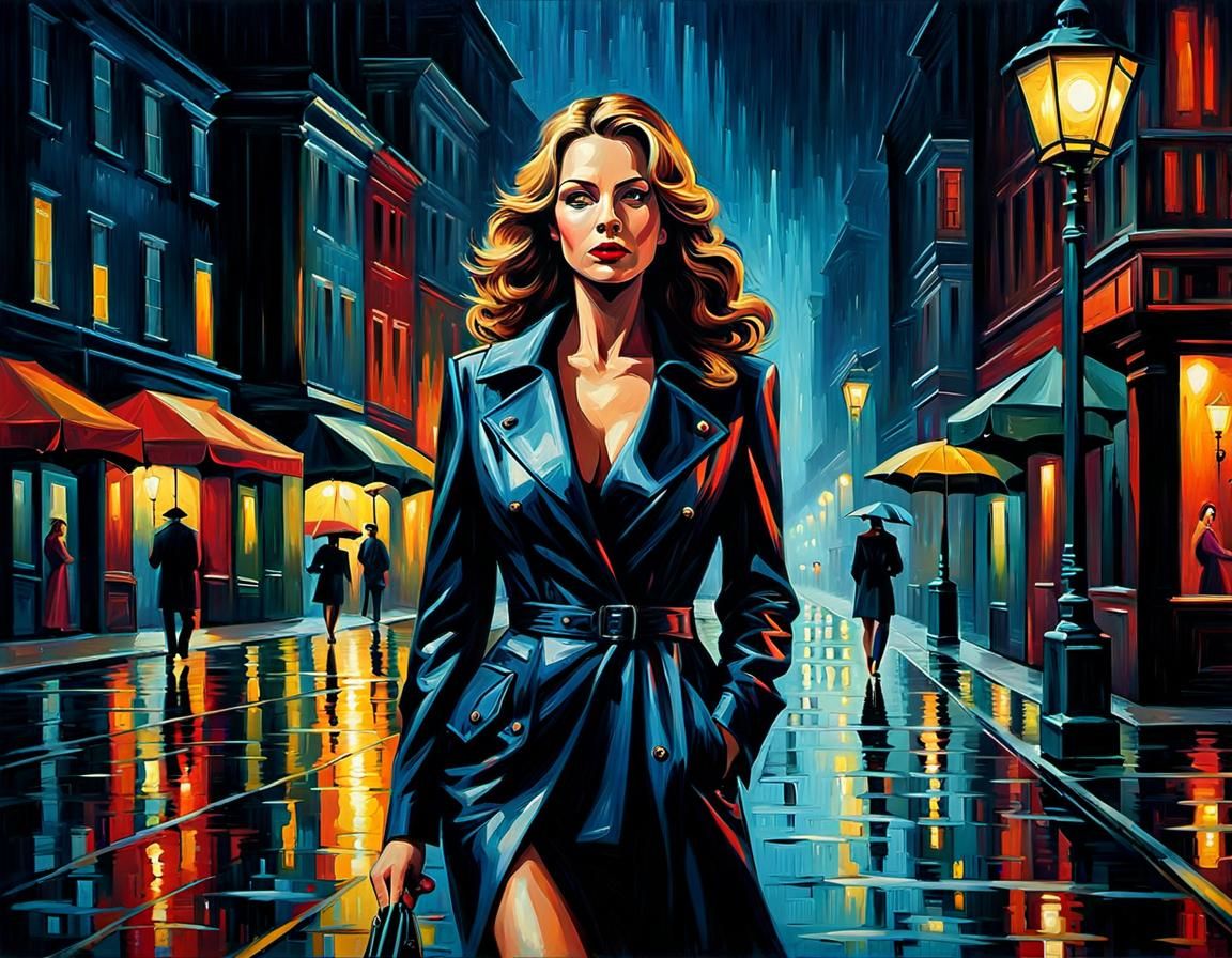 Film Noir Woman in Rainy City Street