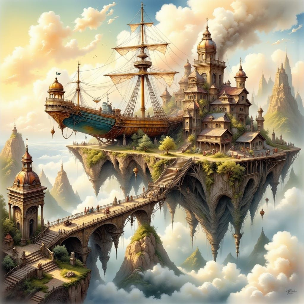 Steampunk Airship Docked on Floating Island