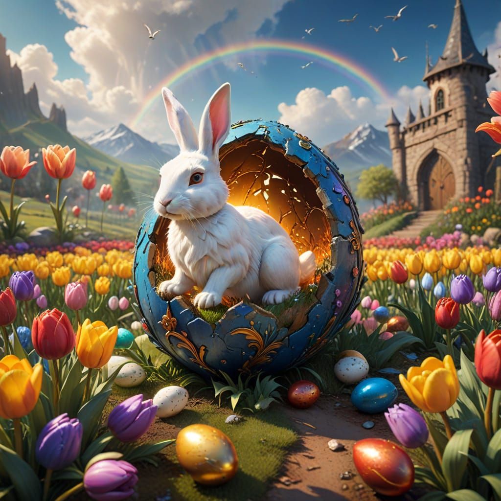 Whimsical White Rabbit Emerges from Golden Egg in Rainbow Tu...