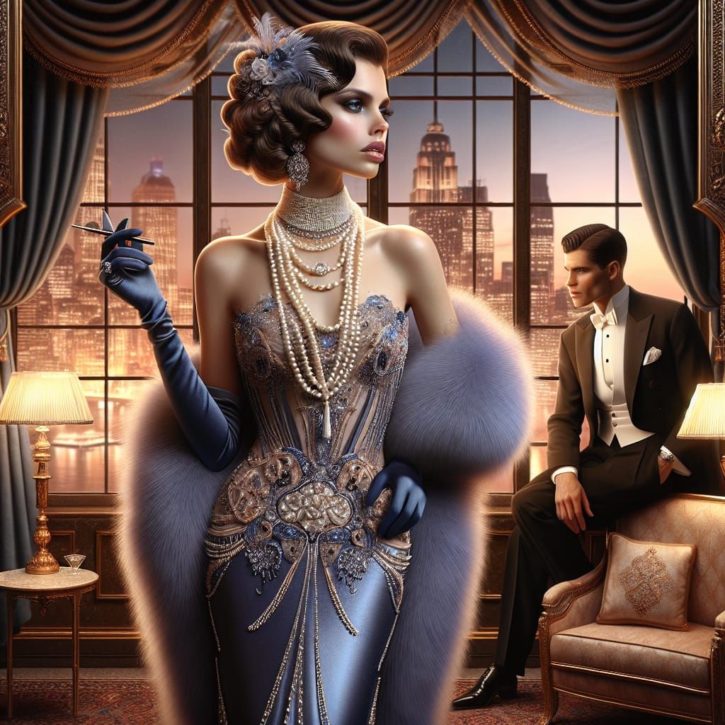 Glamorous Digital Artwork in Art Deco Style with Elegant Wom...