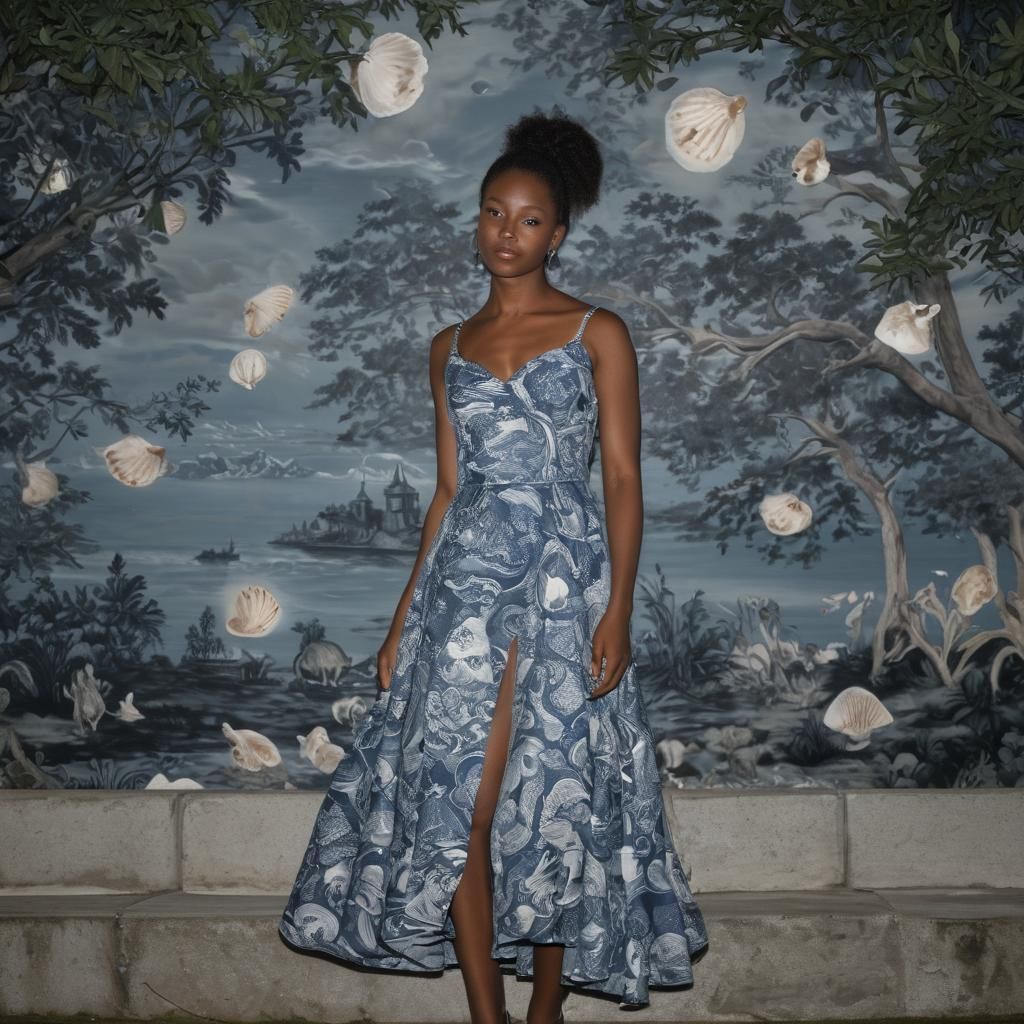 Glamorous African Woman in Toile Dress at City Park Night