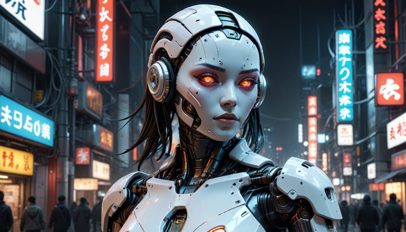 Cyberpunk Android Posing in Neon Cityscape