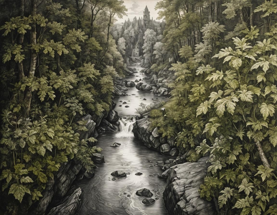 Detailed Charcoal Drawing of Jungle Stream