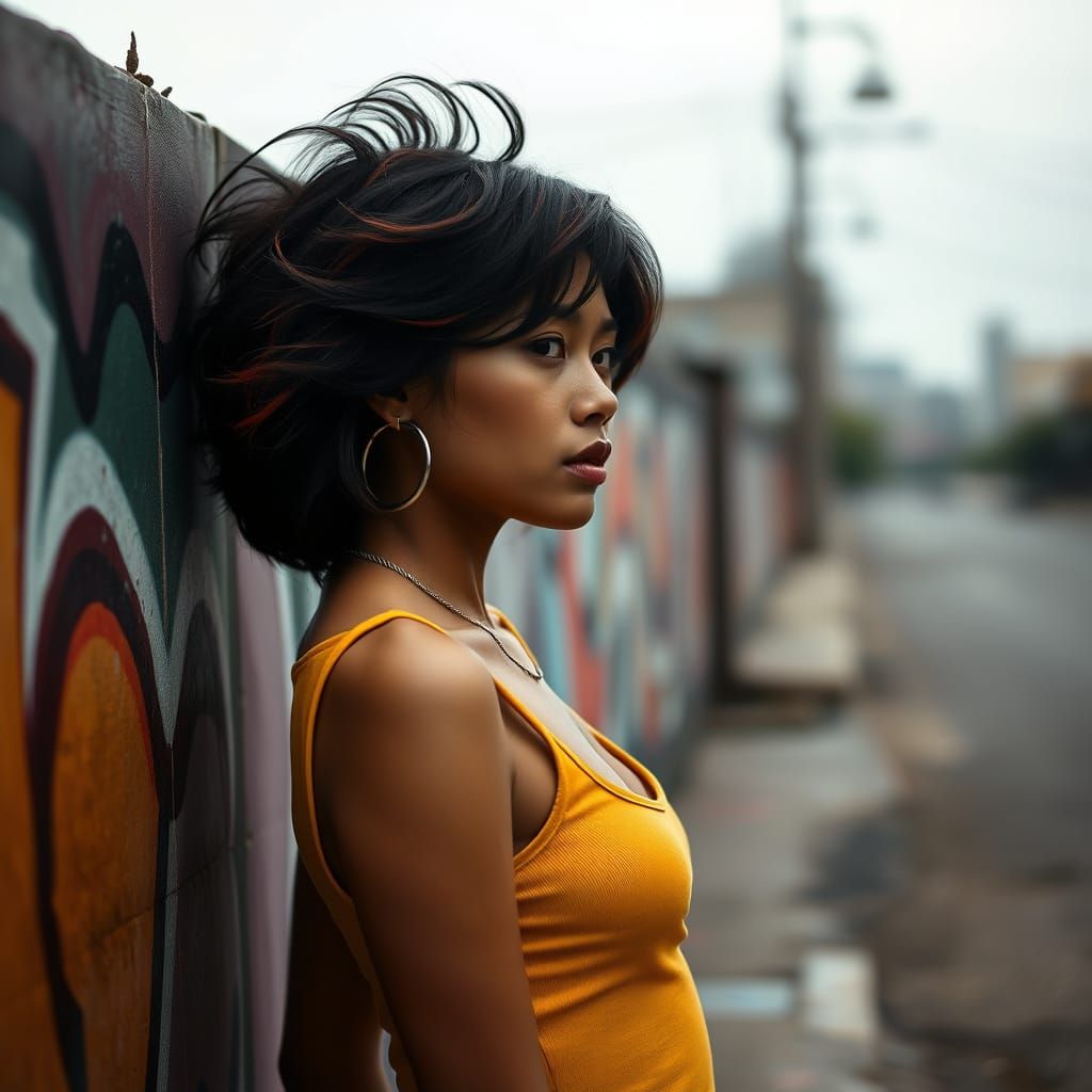 Cambodian Woman in Urban Setting with Graffiti Art