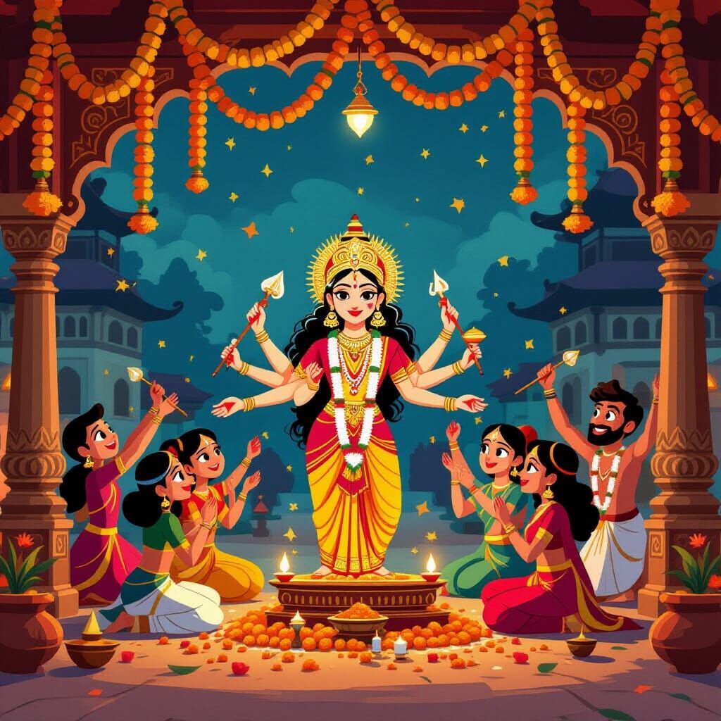 Durga Puja Festival Animation in Folk Art Style