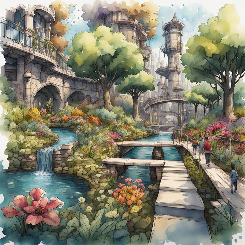 Detailed Garden Scene in Ink and Watercolor