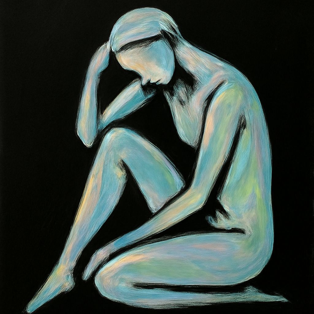 Iridescent Oil Painting of Minimalist Sorrowful Figure