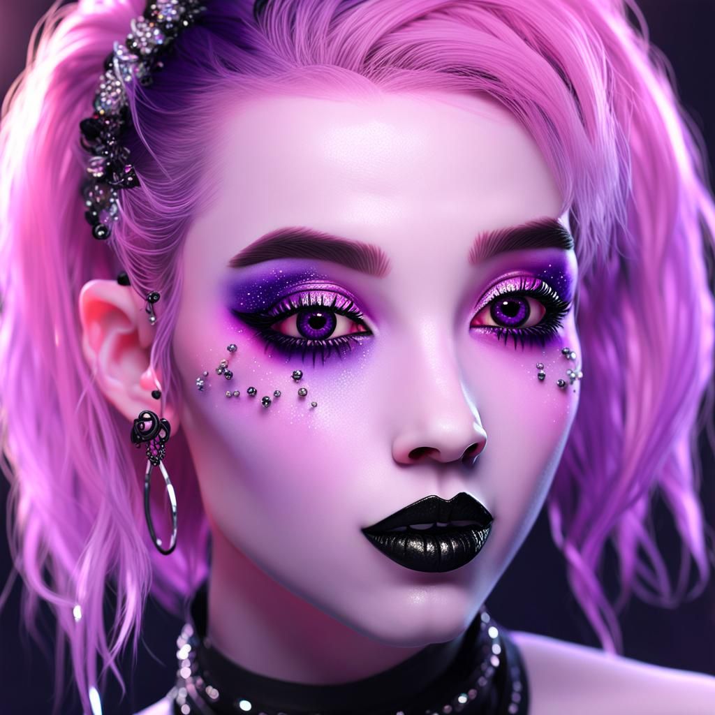 Serene Goth Punk Tiefling in 3D Anime Style