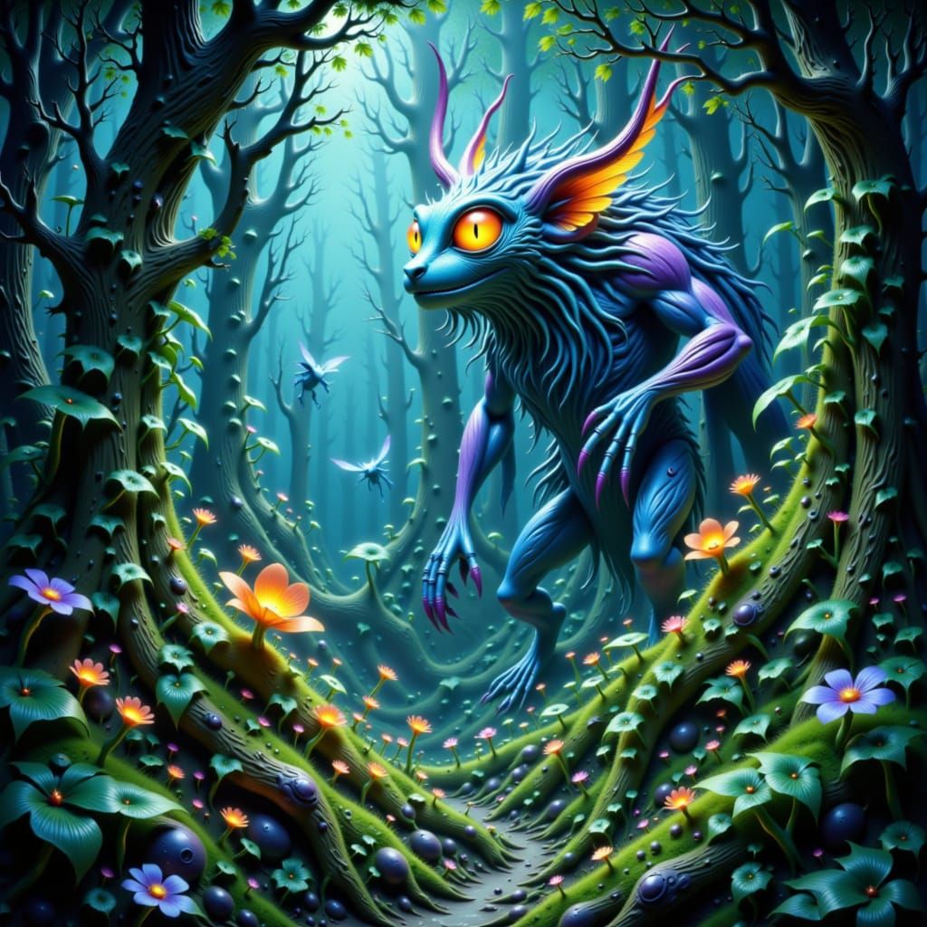 Mythical Creatures in Vibrant Mystical Forest